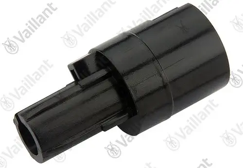 Schwarzer Kunststoffadapter von Vaillant mit einem Anschluss. Das Produkt hat eine strukturierte Oberfläche und ist für die Verbindung von Rohrleitungen geeignet.